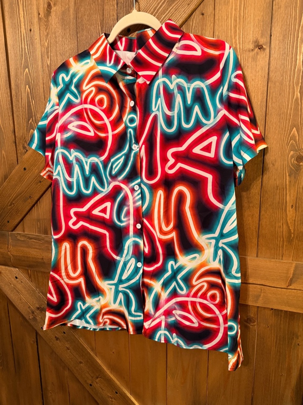 Women’s Neon Print Short Sleeve Button-Up Shirt - Multicolor - Picture 5 of 7